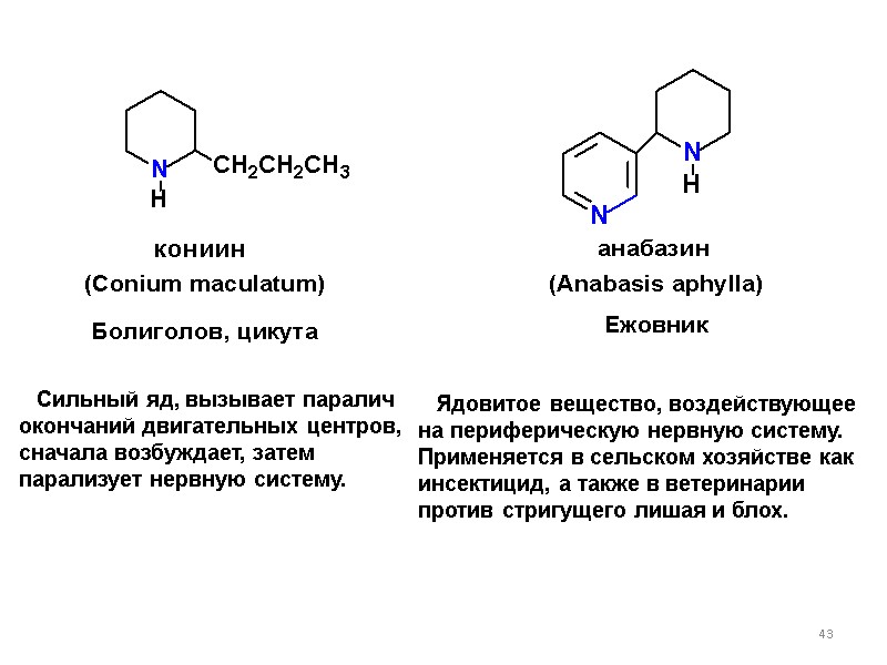 43 Сильный яд, вызывает паралич окончаний двигательных центров, сначала возбуждает, затем парализует нервную систему.